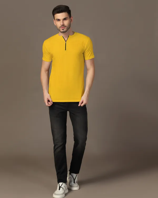 Yellow_Cotton_Blend_Henley_Neck_Half_Sleeve_T_Shirt_For_Men