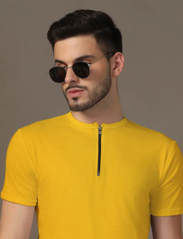 Yellow_Cotton_Blend_Henley_Neck_Half_Sleeve_T_Shirt_For_Men