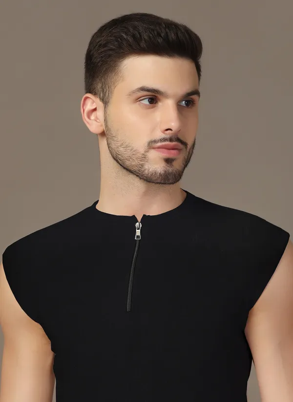 Black_Cotton_Blend_Henley_Neck_Sleeveless_T_Shirt_For_Men