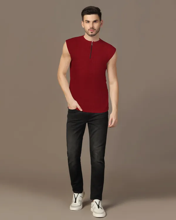 Maroon_Cotton_Blend_Henley_Neck_Sleeveless_T_Shirt_For_Men
