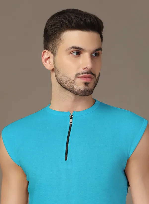 Turquoise_Cotton_Blend_Henley_Neck_Sleeveless_T_Shirt_For_Men