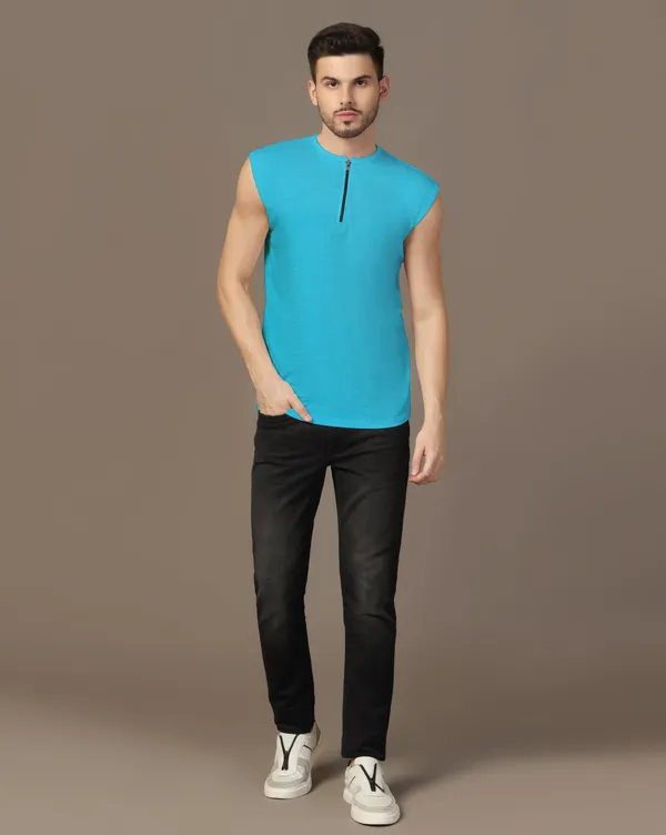 Turquoise_Cotton_Blend_Henley_Neck_Sleeveless_T_Shirt_For_Men
