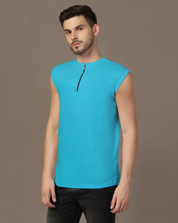 Turquoise_Cotton_Blend_Henley_Neck_Sleeveless_T_Shirt_For_Men