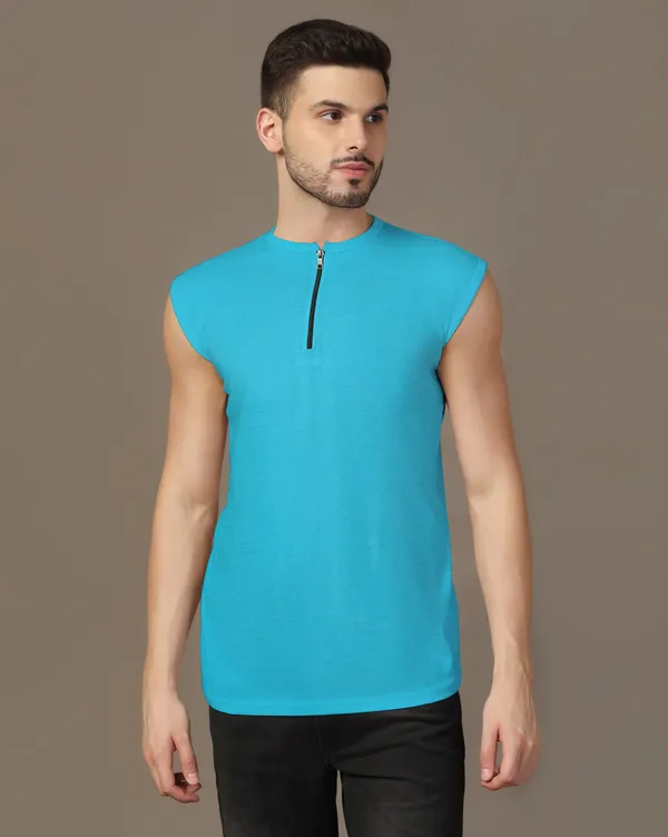 Turquoise_Cotton_Blend_Henley_Neck_Sleeveless_T_Shirt_For_Men