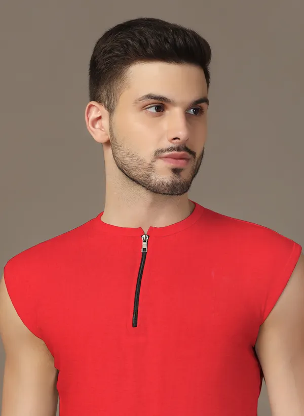 Red_Cotton_Blend_Henley_Neck_Sleeveless_T_Shirt_For_Men