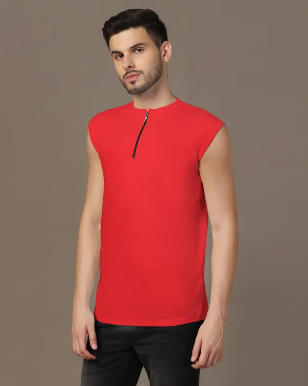 Red_Cotton_Blend_Henley_Neck_Sleeveless_T_Shirt_For_Men
