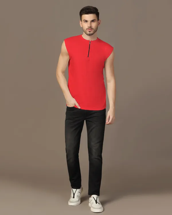 Red_Cotton_Blend_Henley_Neck_Sleeveless_T_Shirt_For_Men