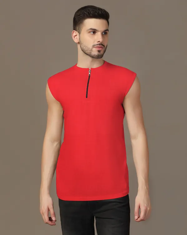 Red_Cotton_Blend_Henley_Neck_Sleeveless_T_Shirt_For_Men