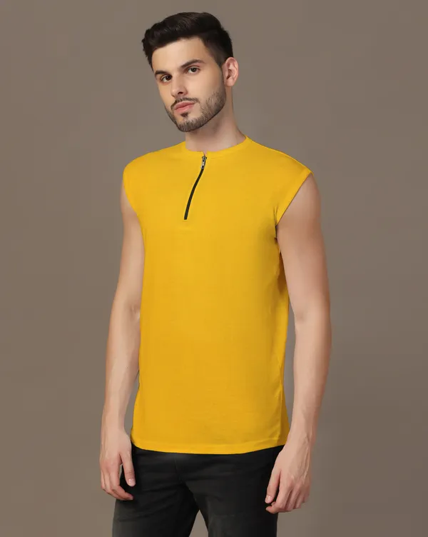 Yellow_Cotton_Blend_Henley_Neck_Sleeveless_T_Shirt_For_Men
