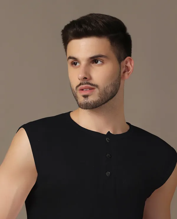 Black_Cotton_Blend_Henley_Neck_Sleeveless_T_Shirt_For_Men