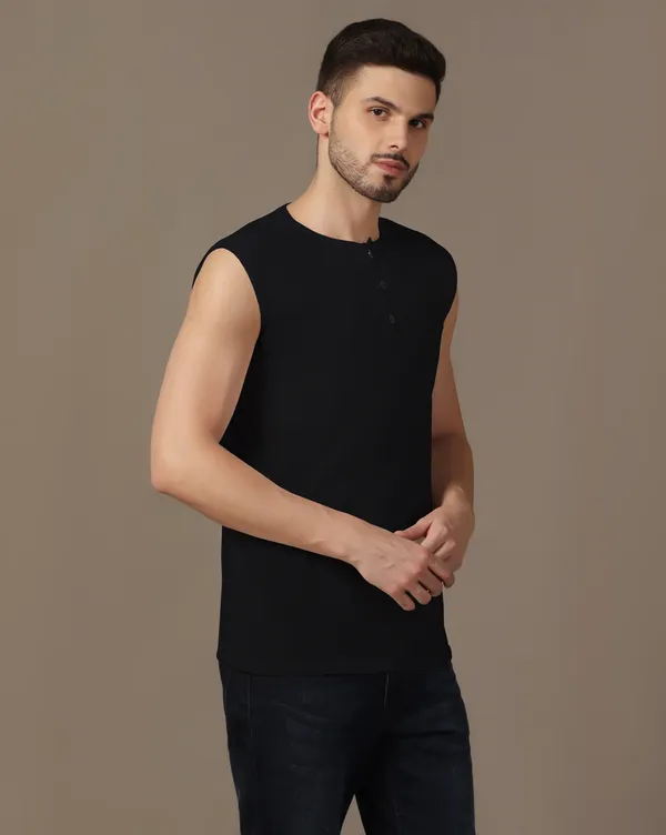 Black_Cotton_Blend_Henley_Neck_Sleeveless_T_Shirt_For_Men