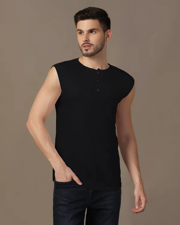 Black_Cotton_Blend_Henley_Neck_Sleeveless_T_Shirt_For_Men