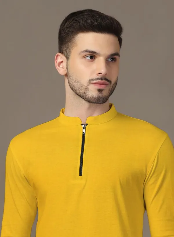 Yellow_Cotton_Blend_Mandarin_Collar_Full_Sleeve_T_Shirt_For_Men