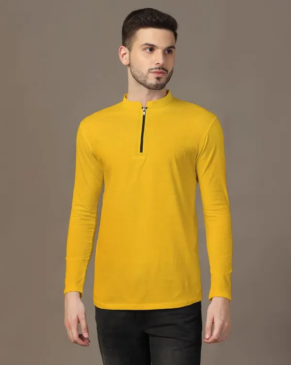 Yellow_Cotton_Blend_Mandarin_Collar_Full_Sleeve_T_Shirt_For_Men
