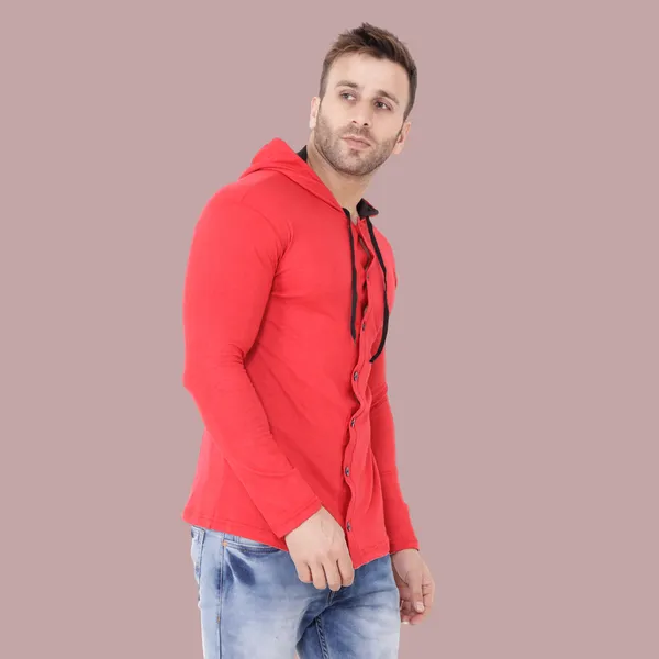 Red_Cotton_Blend_Hooded_Neck_Full_Sleeve_T_Shirt_For_Men