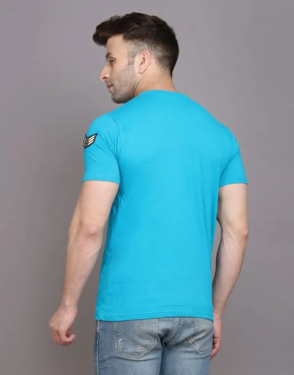 Turquoise_Cotton_Blend_Round_Neck_Half_Sleeve_T_Shirt_For_Men