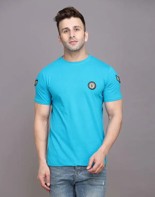 Turquoise_Cotton_Blend_Round_Neck_Half_Sleeve_T_Shirt_For_Men