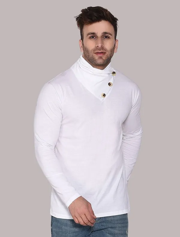 White_Cotton_Blend_High_Neck_Full_Sleeve_T-Shirt_For_Men