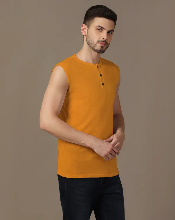 Mustard_Cotton_Blend_Henley_Neck_Sleeveless_T_Shirt_For_Men