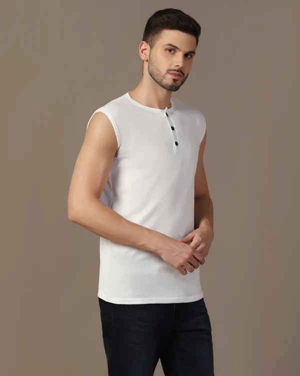 White_Cotton_Blend_Henley_Neck_Sleeveless_T_Shirt_For_Men