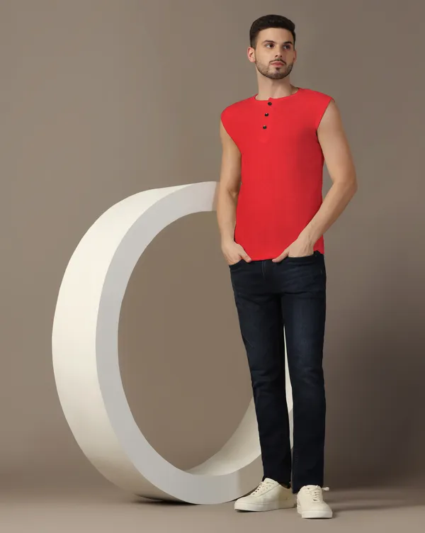 Red_Cotton_Blend_Henley_Neck_Sleeveless_T_Shirt_For_Men