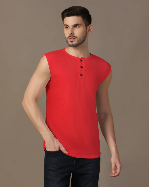 Red_Cotton_Blend_Henley_Neck_Sleeveless_T_Shirt_For_Men