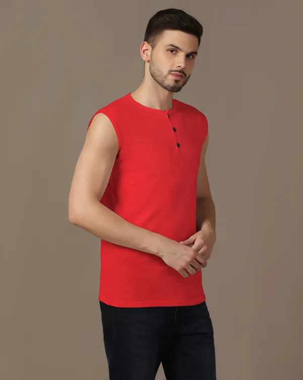 Red_Cotton_Blend_Henley_Neck_Sleeveless_T_Shirt_For_Men