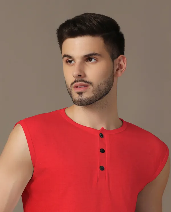 Red_Cotton_Blend_Henley_Neck_Sleeveless_T_Shirt_For_Men