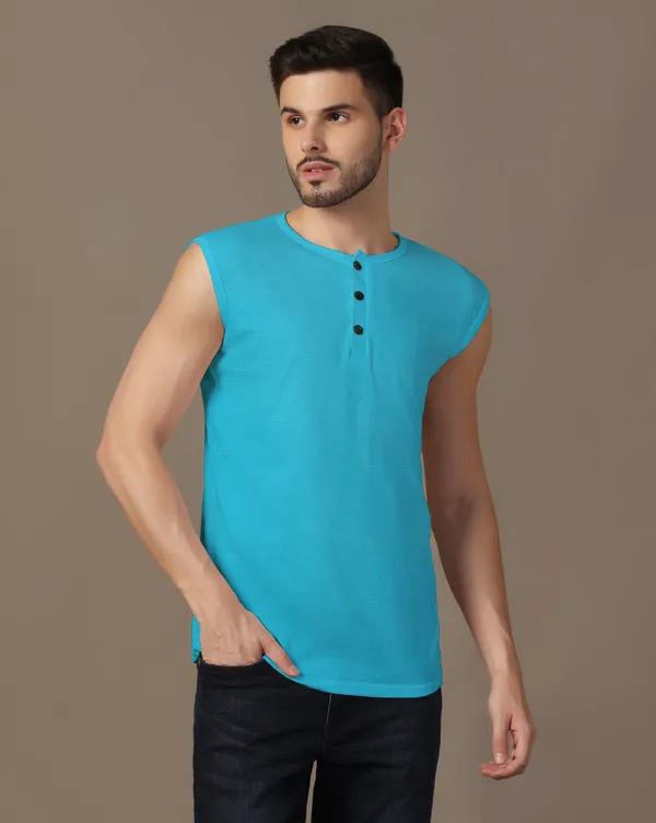 Turquoise_Cotton_Blend_Henley_Neck_Sleeveless_T_Shirt_For_Men