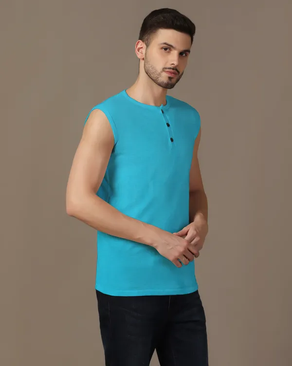 Turquoise_Cotton_Blend_Henley_Neck_Sleeveless_T_Shirt_For_Men