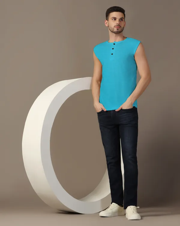Turquoise_Cotton_Blend_Henley_Neck_Sleeveless_T_Shirt_For_Men