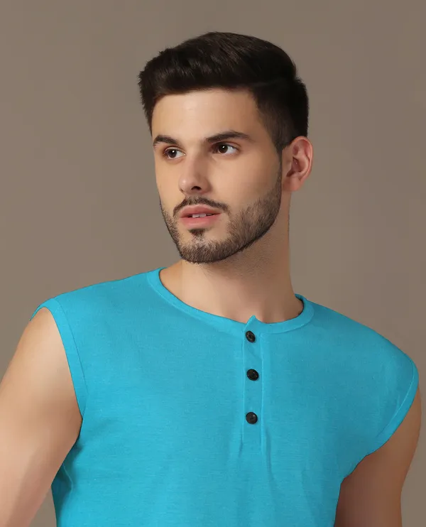 Turquoise_Cotton_Blend_Henley_Neck_Sleeveless_T_Shirt_For_Men