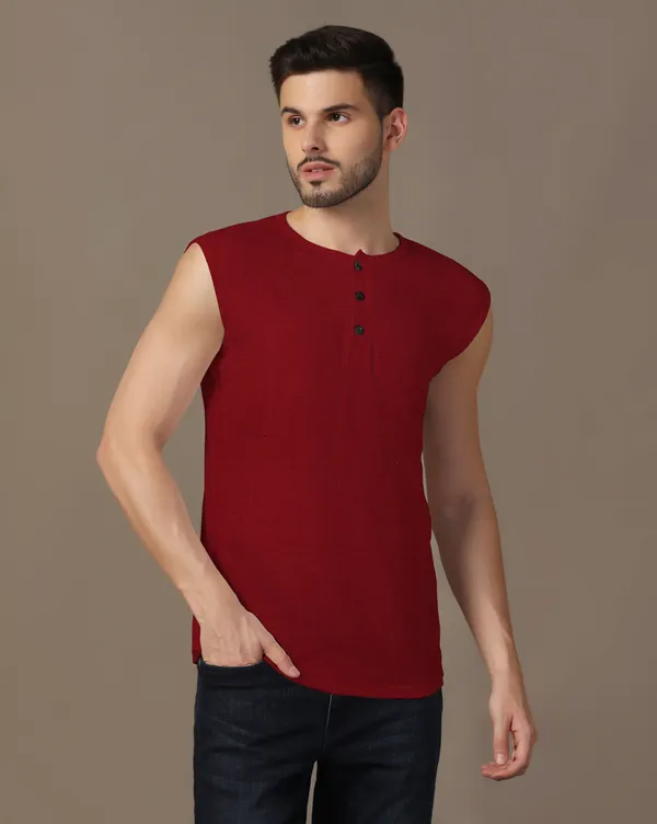 Maroon_Cotton_Blend_Henley_Neck_Sleeveless_T_Shirt_For_Men