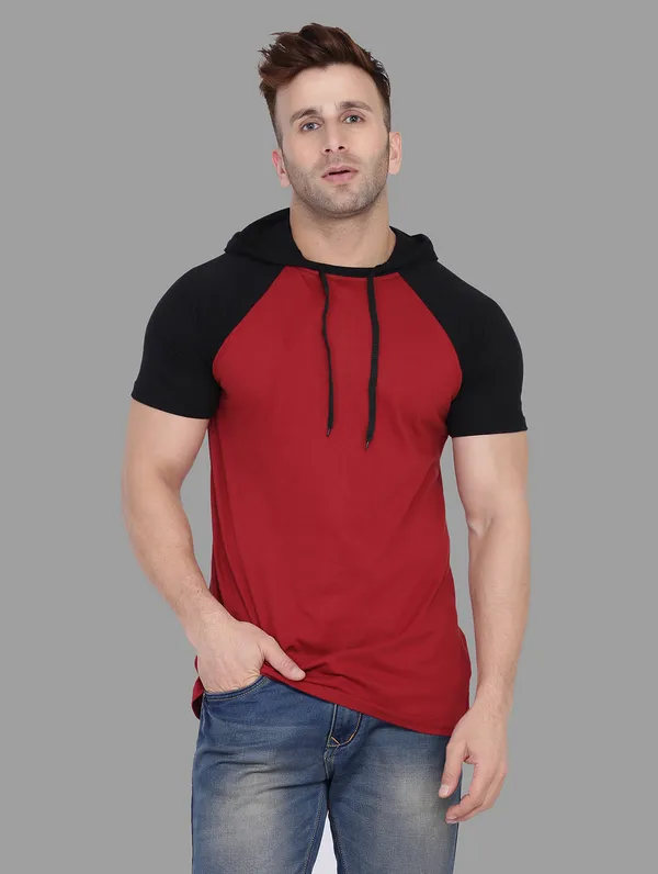 Maroon_Cotton_Blend_Hooded_Neck_Half_Sleeve_T_Shirt_For_Men