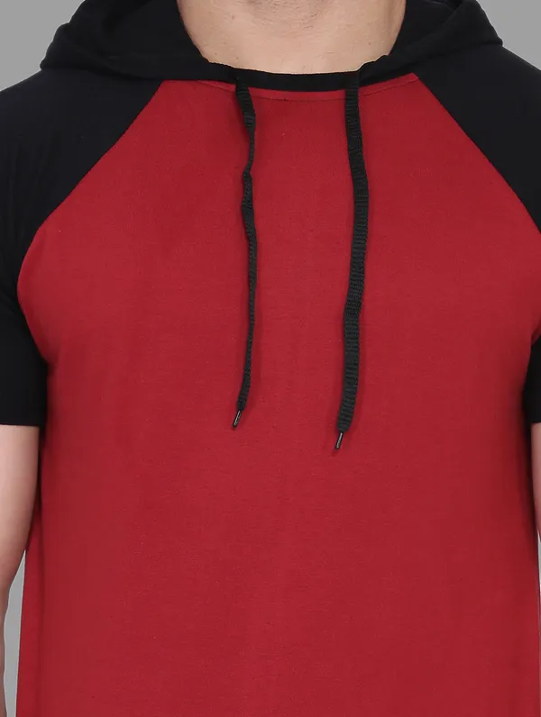 Maroon_Cotton_Blend_Hooded_Neck_Half_Sleeve_T_Shirt_For_Men