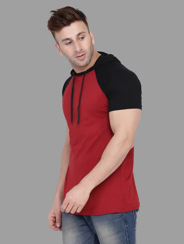 Maroon_Cotton_Blend_Hooded_Neck_Half_Sleeve_T_Shirt_For_Men