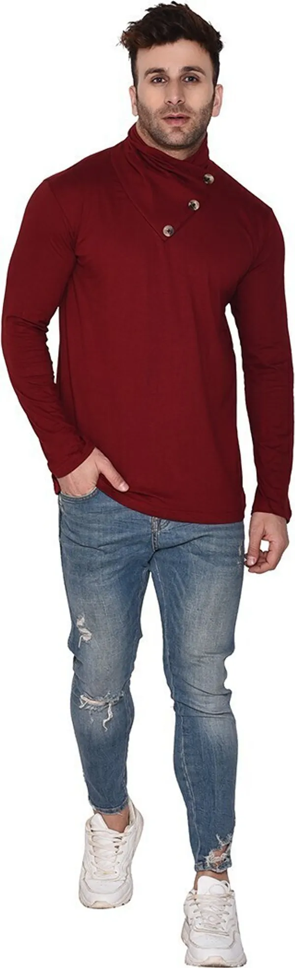 Maroon_Cotton_Blend_High_Neck_Full_Sleeve_T-Shirt_For_Men