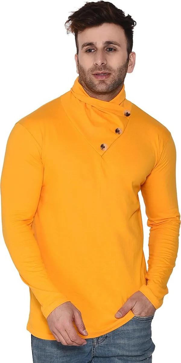 Yellow_Cotton_Blend_High_Neck_Full_Sleeve_T-Shirt_For_Men