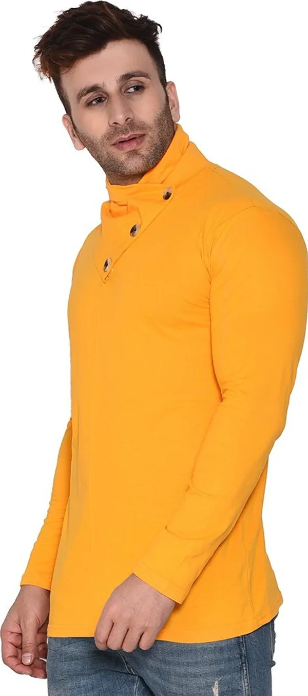 Yellow_Cotton_Blend_High_Neck_Full_Sleeve_T-Shirt_For_Men
