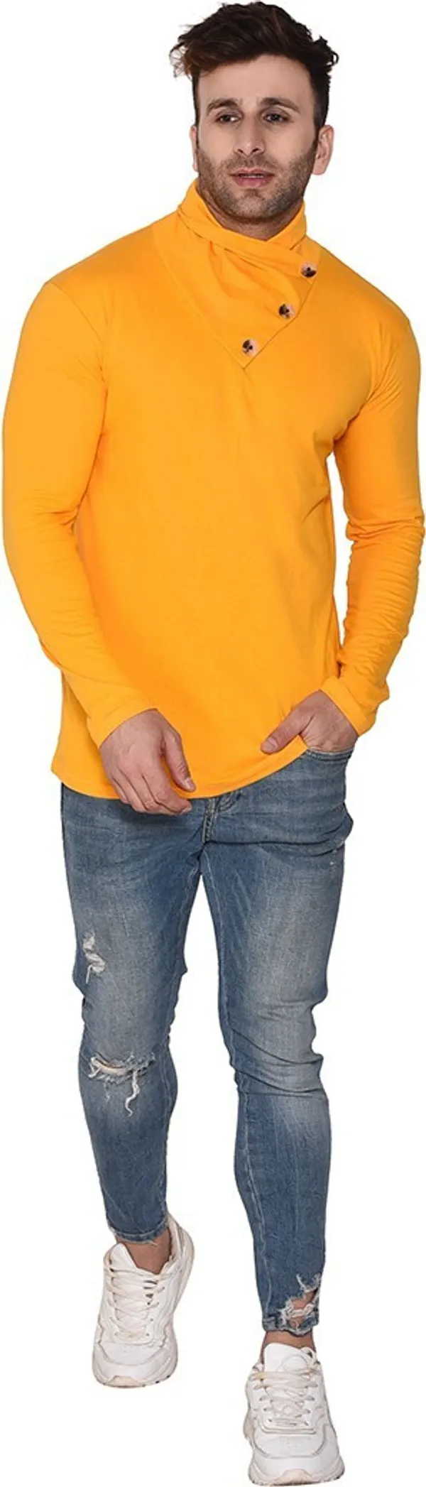 Yellow_Cotton_Blend_High_Neck_Full_Sleeve_T-Shirt_For_Men