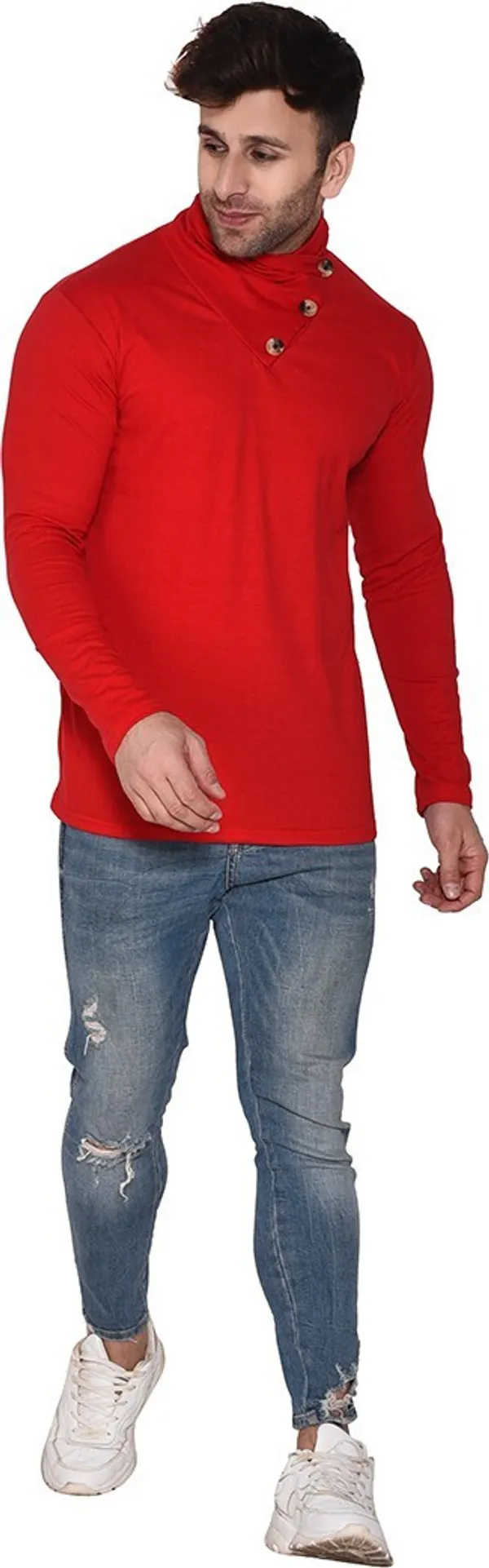 Red_Cotton_Blend_High_Neck_Full_Sleeve_T-Shirt_For_Men