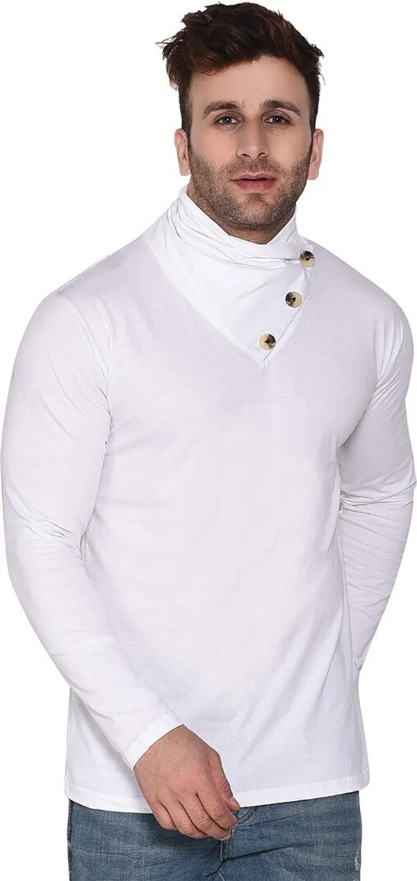 White_Cotton_Blend_High_Neck_Full_Sleeve_T-Shirt_For_Men