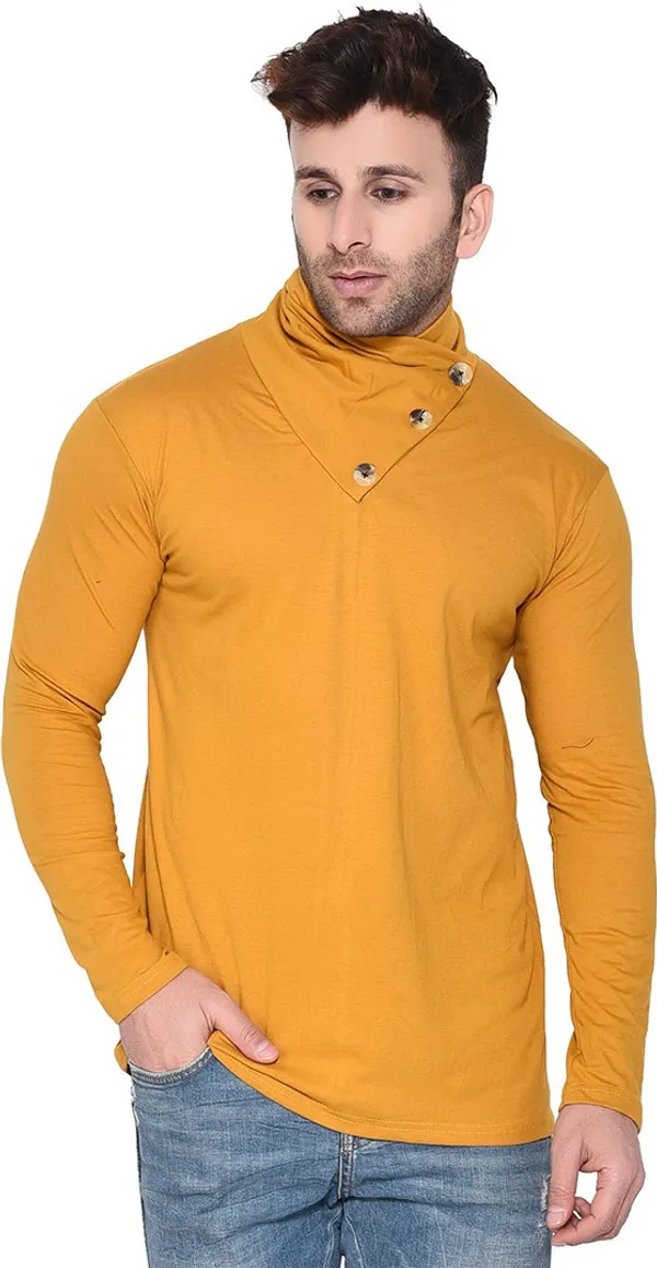 Mustard_Cotton_Blend_High_Neck_Full_Sleeve_T-Shirt_For_Men