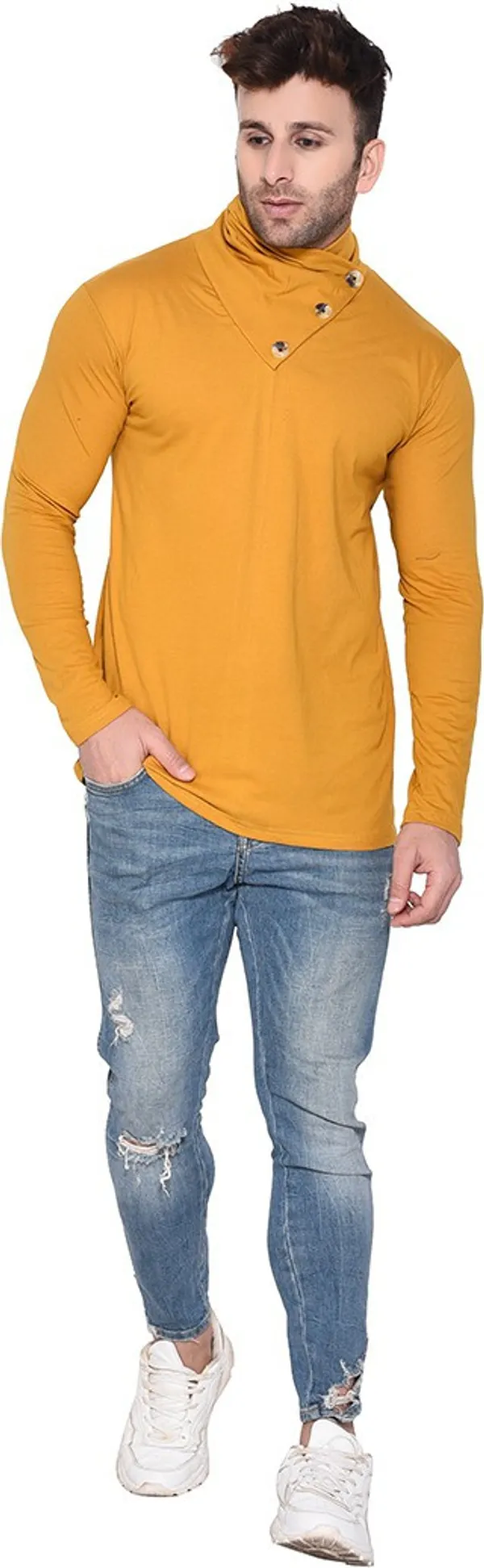 Mustard_Cotton_Blend_High_Neck_Full_Sleeve_T-Shirt_For_Men