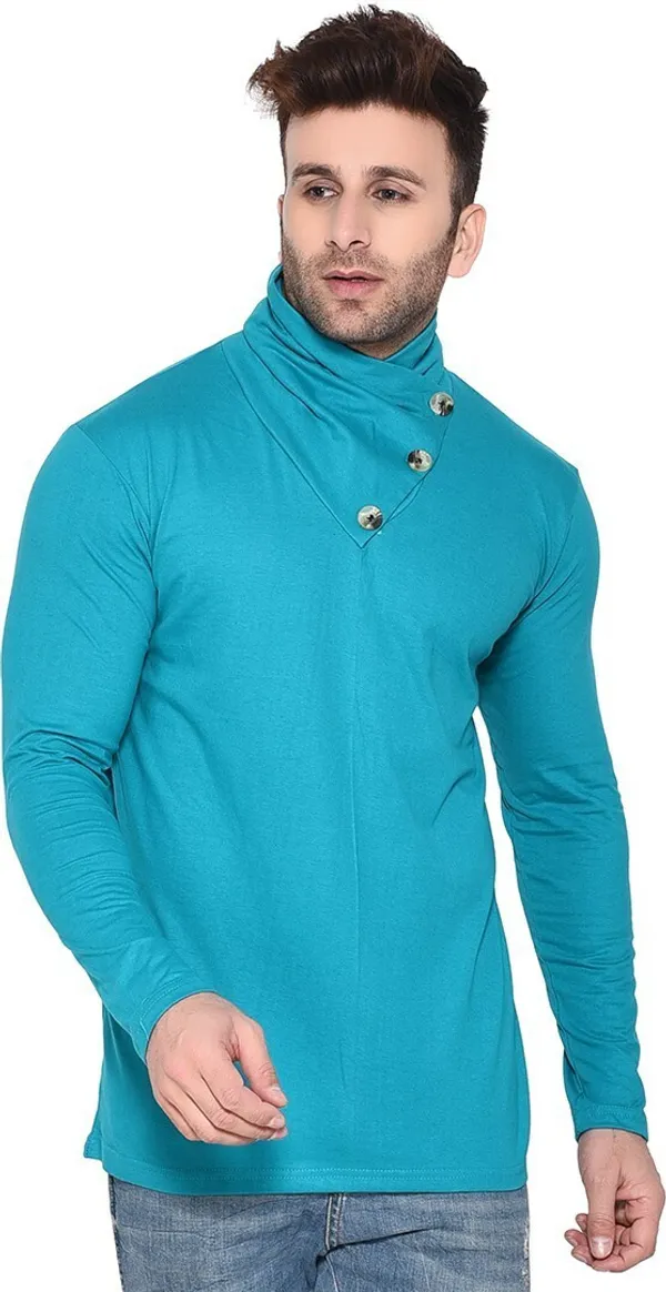 Turquoise_Cotton_Blend_High_Neck_Full_Sleeve_T-Shirt_For_Men