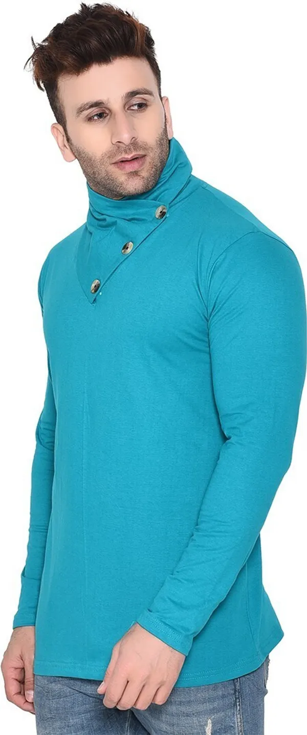 Turquoise_Cotton_Blend_High_Neck_Full_Sleeve_T-Shirt_For_Men