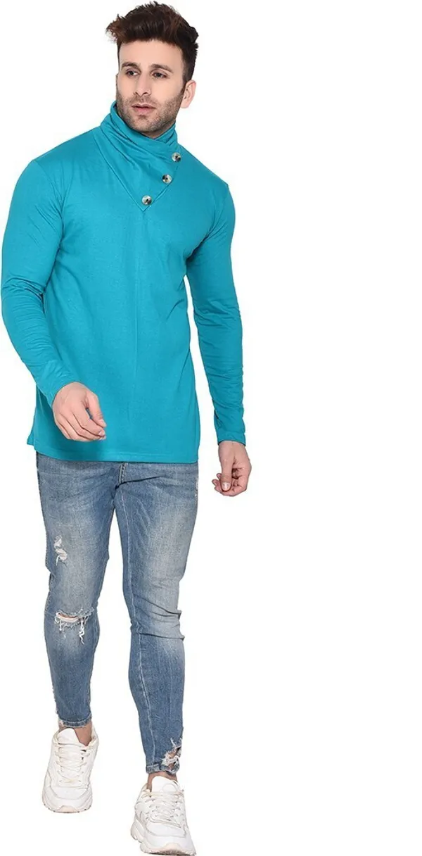Turquoise_Cotton_Blend_High_Neck_Full_Sleeve_T-Shirt_For_Men