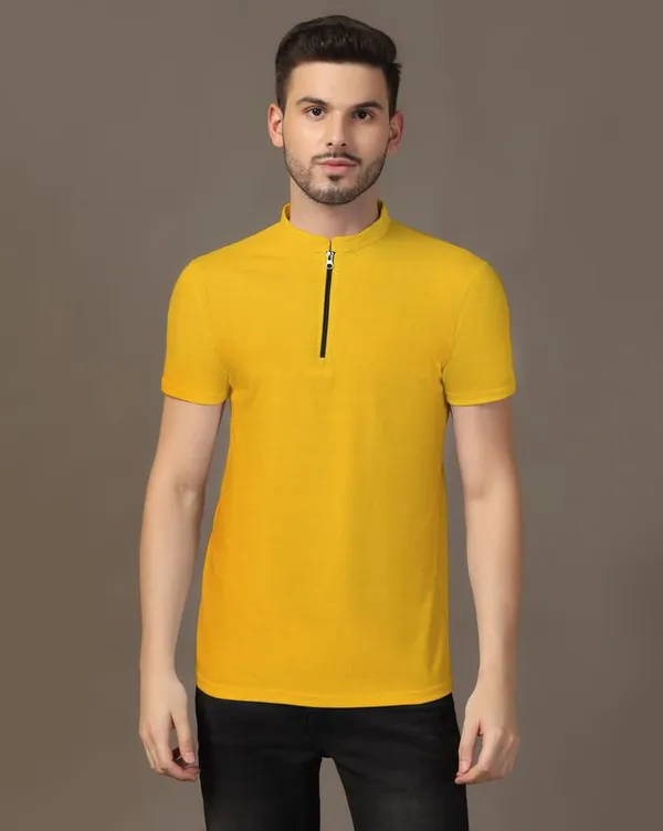 Yellow_Cotton_Blend_Mandarin_Collar_Half_Sleeve_T_Shirt_For_Men