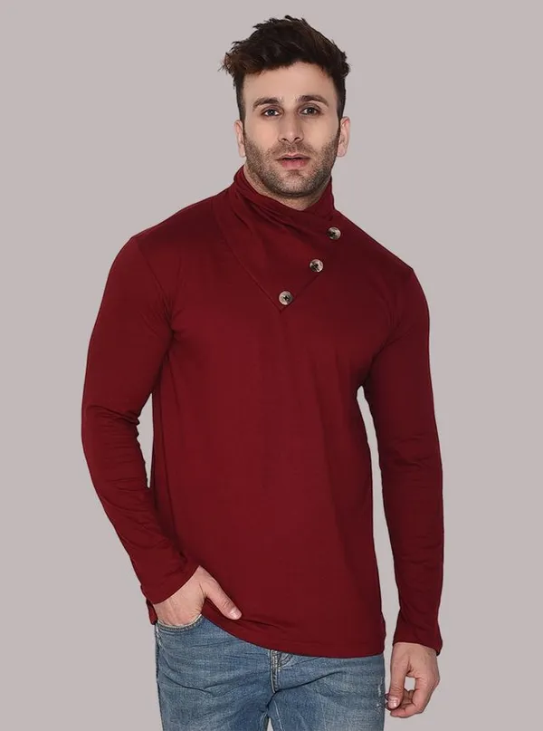 Maroon_Cotton_Blend_High_Neck_Full_Sleeve_T-Shirt_For_Men