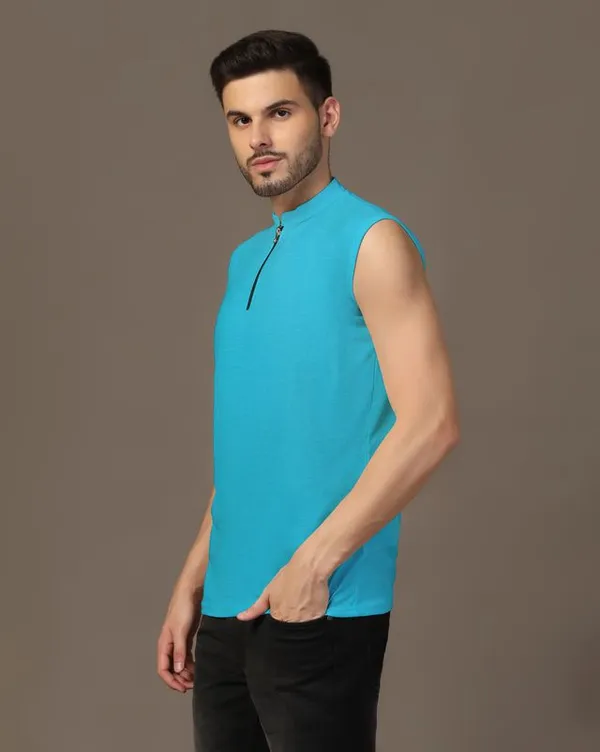 Turquoise_Cotton_Blend_Mandarin_Collar_Sleeveless_T_Shirt_For_Men